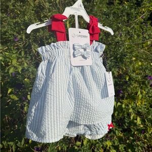 Sperry Baby Girl 18M Seersucker Romper Red Bow Straps + Matching Hair Bows NEW